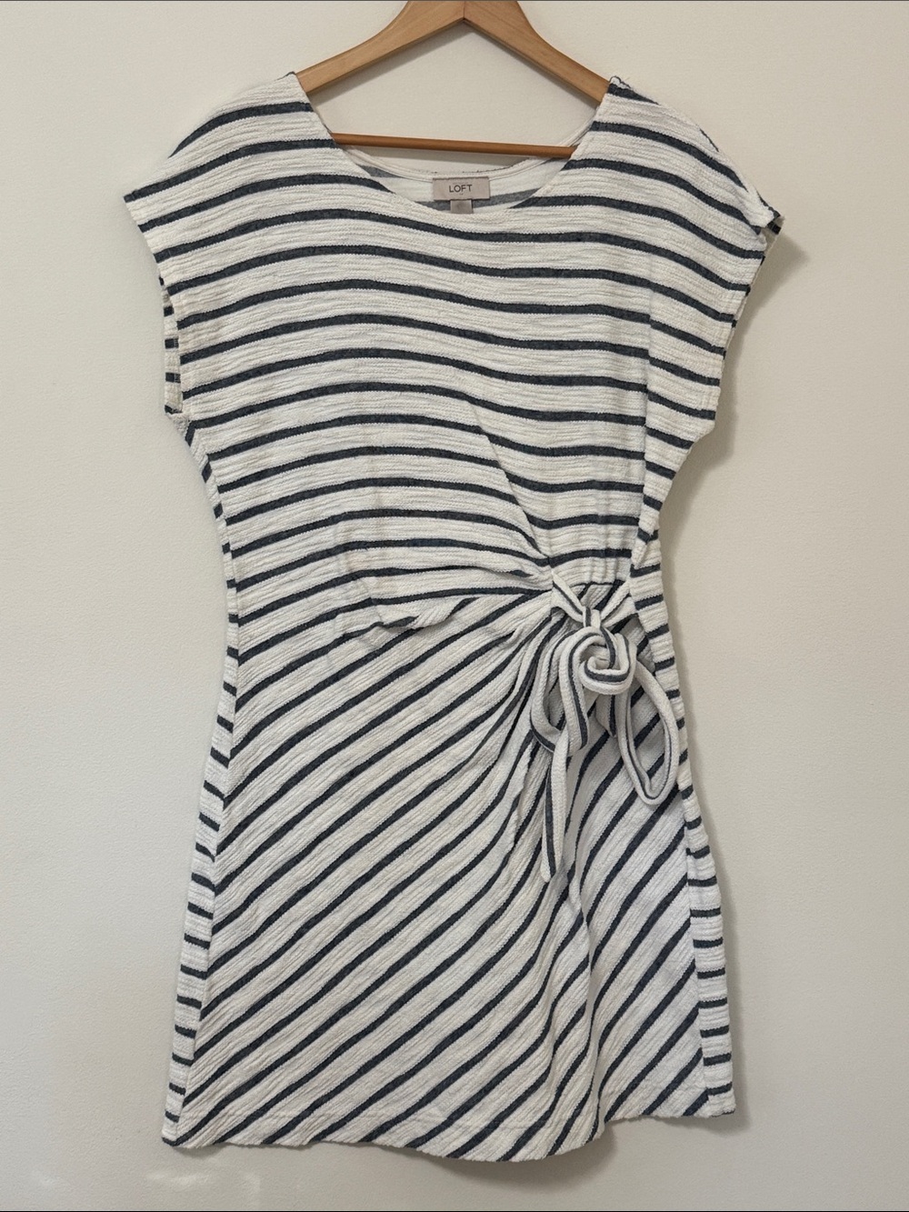 LOFT White and Navy Striped Knot-Front Mini Dress